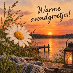Zonsondergang met een margriet in de voorgrond.