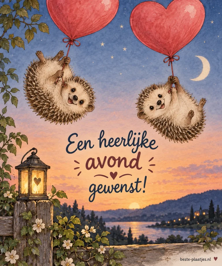 Twee egels hangen ondersteboven aan hartjesballonnen.