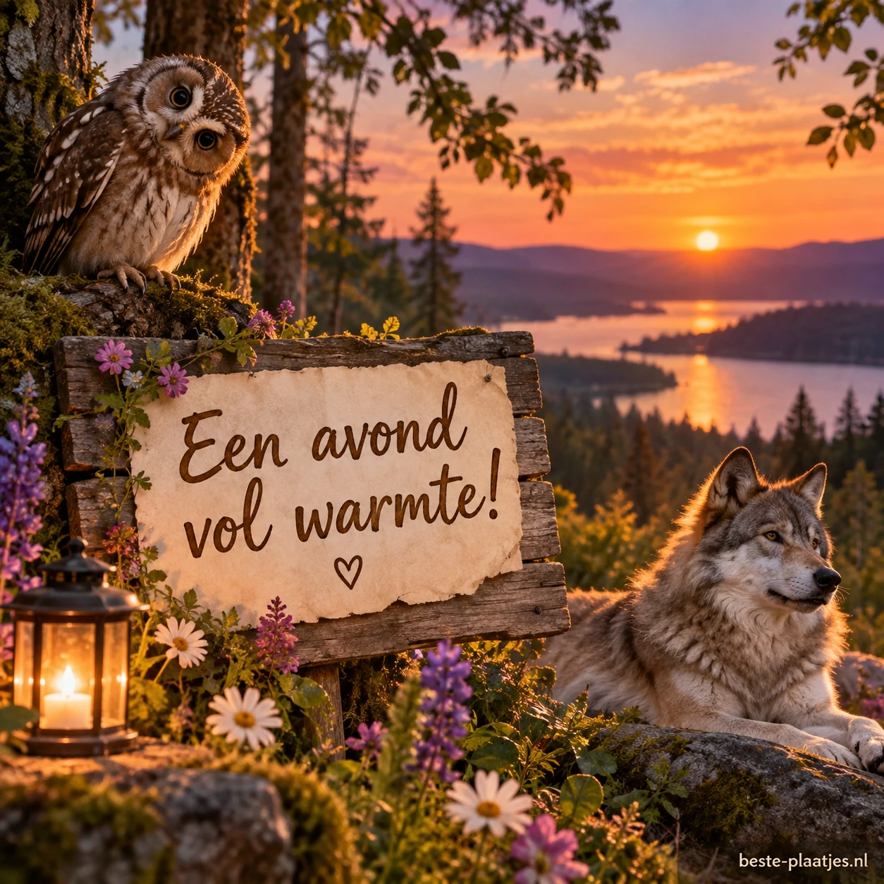 Uil met scheve kop, zonsondergang boven bloemenveld, magisch bos en een glimmende wolf.