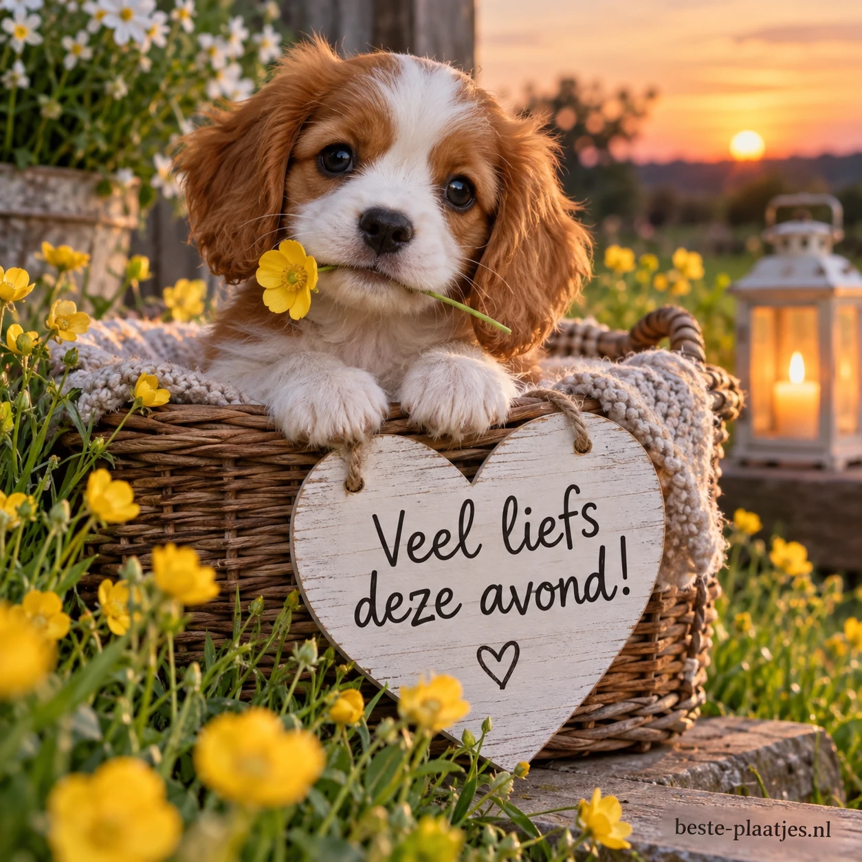 Schattige puppy met een gele bloem in een mand omringd door boterbloemen.