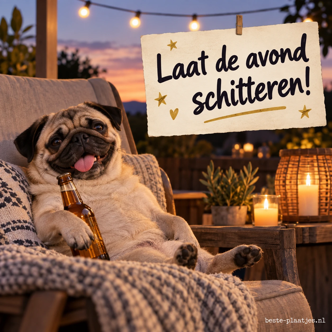 Een mopshond zit ontspannen in een stoel met een biertje.