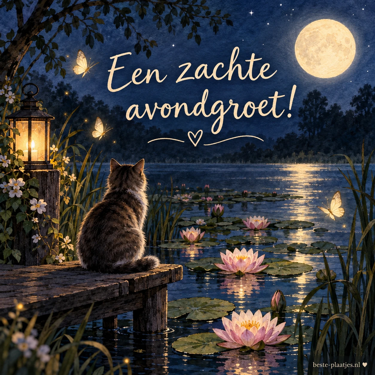 Nachtelijk tafereel met vlinders en waterlelies.
