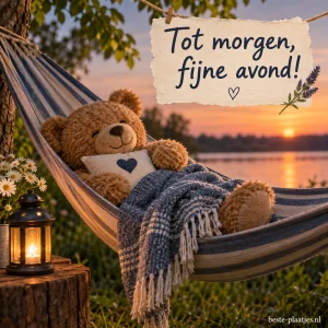 Een teddybeer rust onder een deken in een hangmat bij zonsondergang.