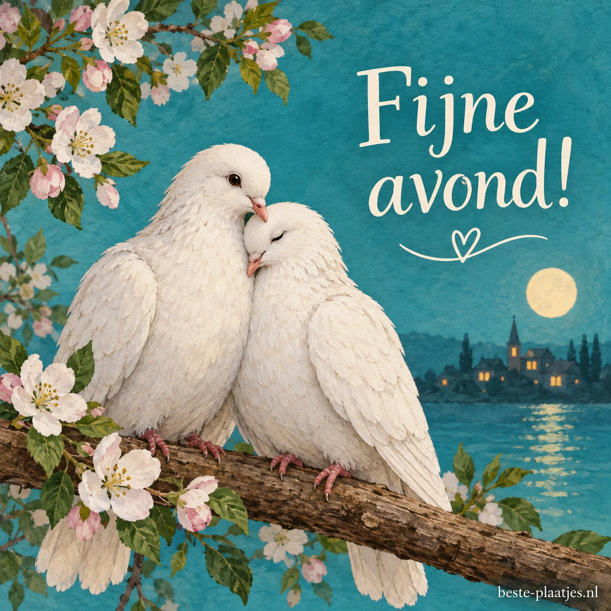 Twee witte duiven knuffelen tegen een turquoise achtergrond met bloesems.