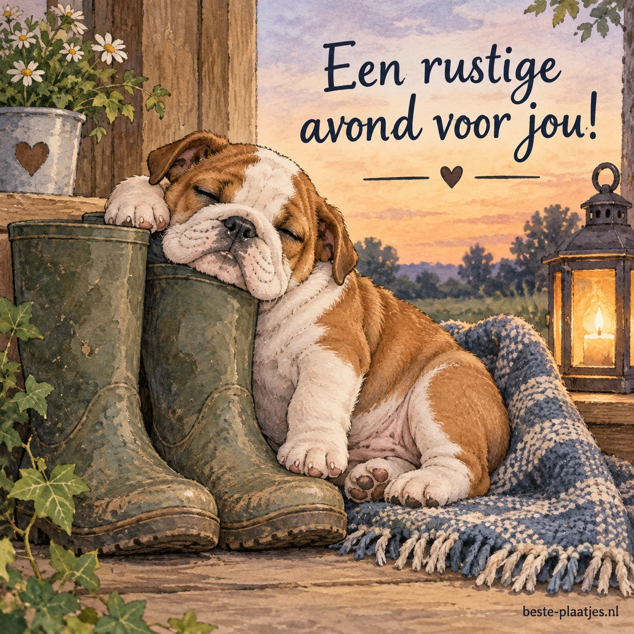 Een slaperige bulldog pup leunt tegen laarzen.