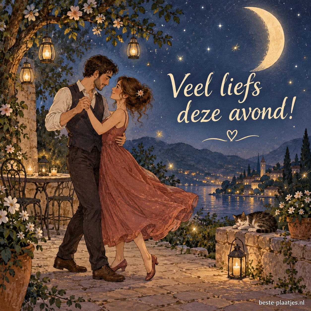 Romantisch koppel danst onder een grote halve maan met fonkelende sterren en vuurvliegjes in een sprookjesachtige avond.