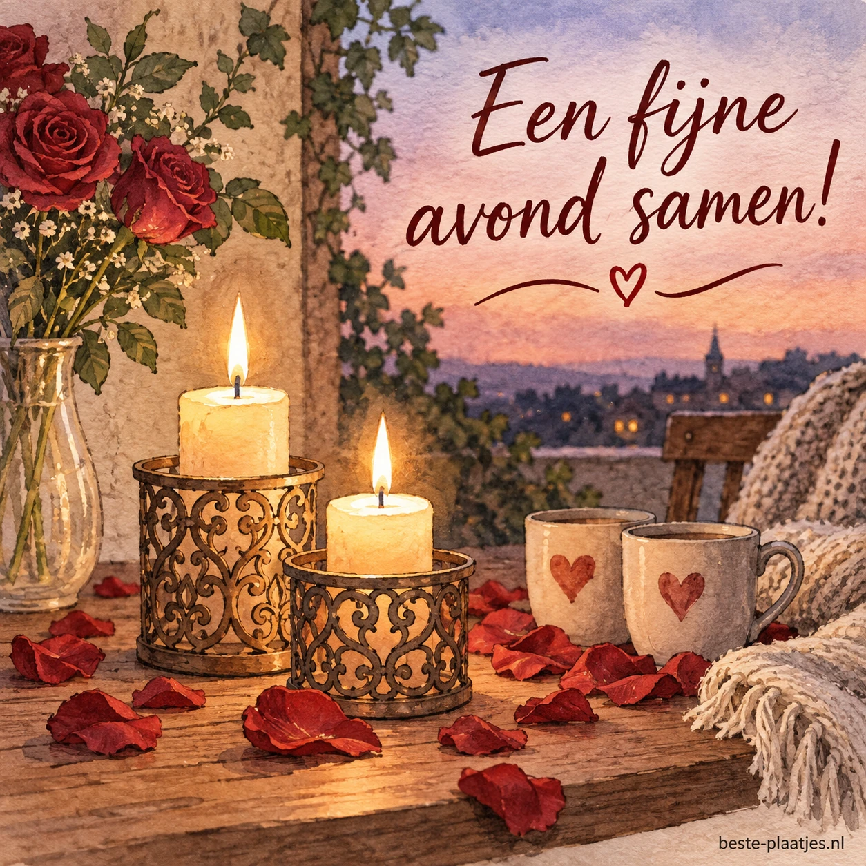 Twee kaarsen in sierlijke houders, rozenblaadjes verspreid.