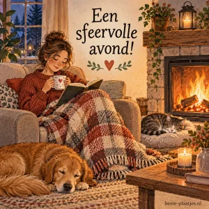 Een knusse avond bij het haardvuur met een boek, warme deken en kopje drinken, ideale ontspanning.
