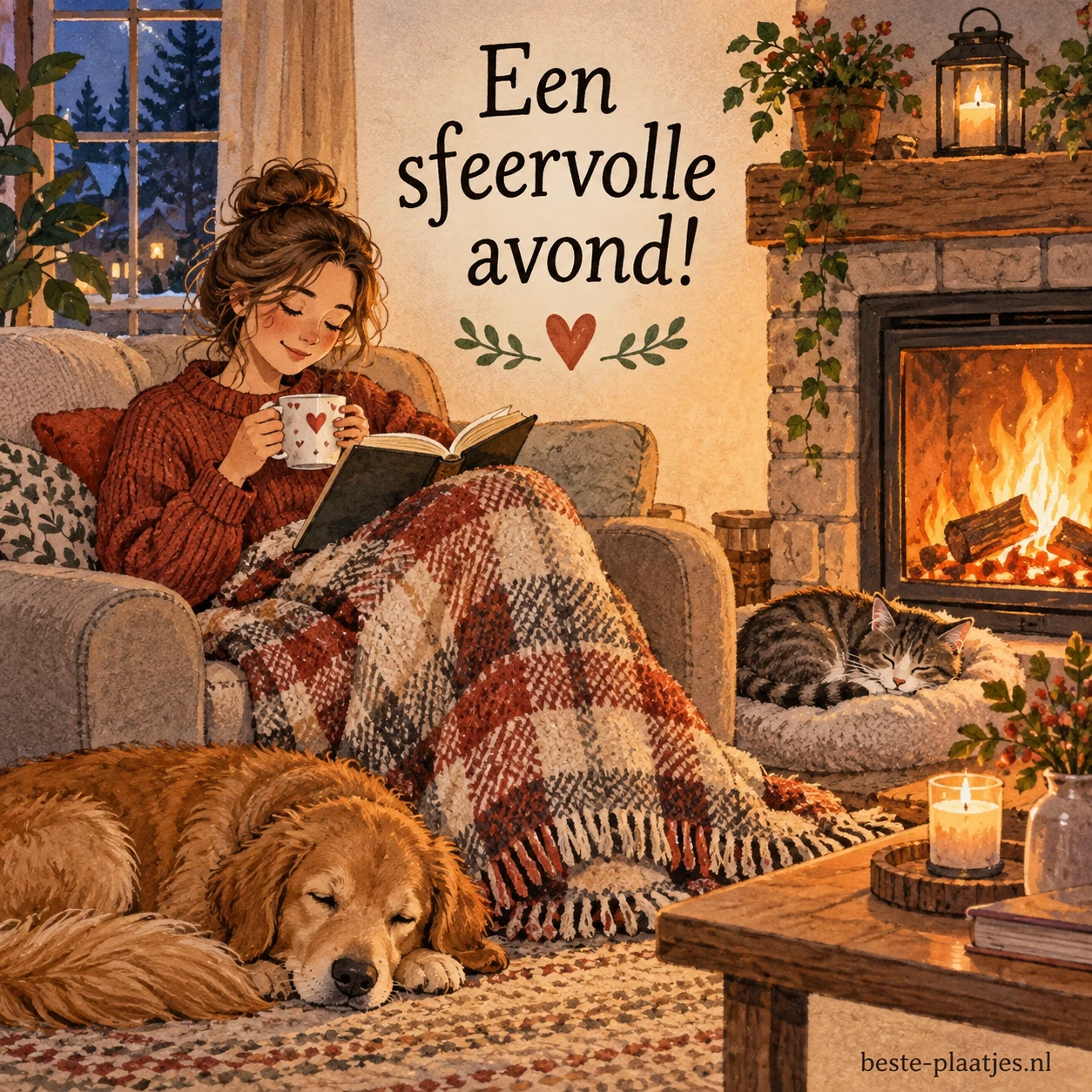 Een knusse avond bij het haardvuur met een boek, warme deken en kopje drinken, ideale ontspanning.