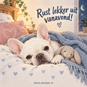 Een schattige witte Franse bulldog ligt op een bed.
