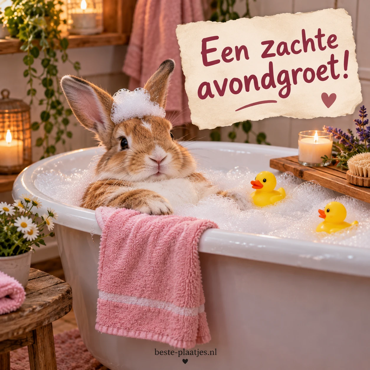 Een konijn ontspant in een bad vol schuim, met een roze handdoek en speelse badeendjes erbij.