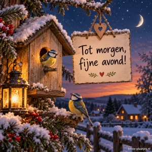 Twee pimpelmezen zitten bij een besneeuwd vogelhuisje in het zachte avondlicht.