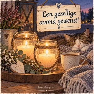 Twee brandende kaarsen in glazen potten met touwhandvatten op een dienblad, sfeervol verlicht.