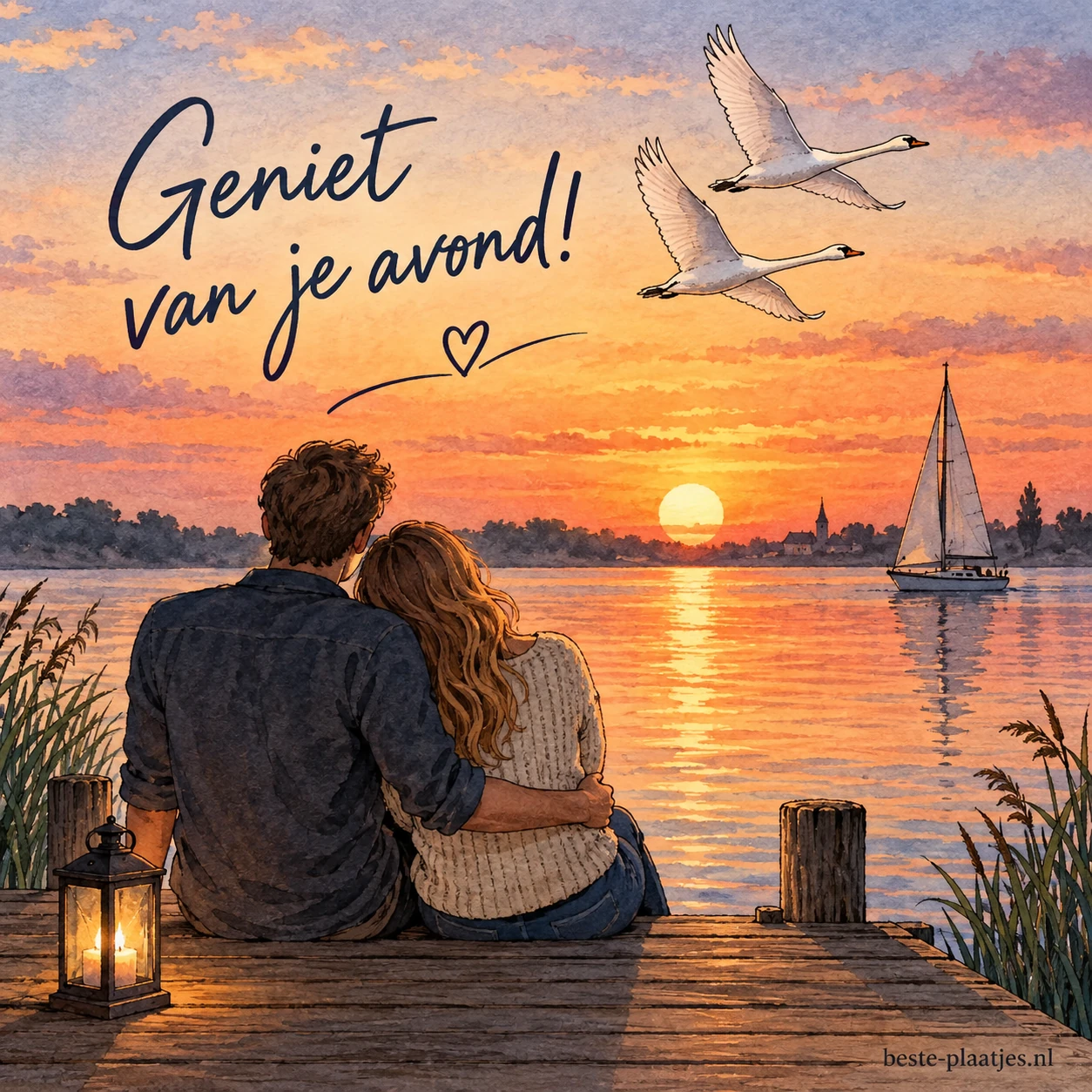Een romantisch paar, zeilboot en vliegende zwanen bij zonsondergang aan het water.