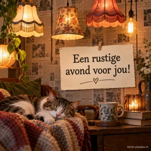 Verschillende vintage lampenkappen met lichtbollen, sfeervol verlicht tegen een muur bekleed met krantenpagina's.