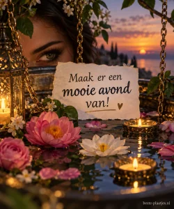 Een oog kijkt mysterieus naar bloemen die op water drijven, omlijst met gouden kettingen.