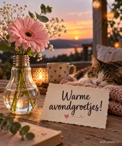 Een zachte roze bloem in een vaas van een gloeilamp.