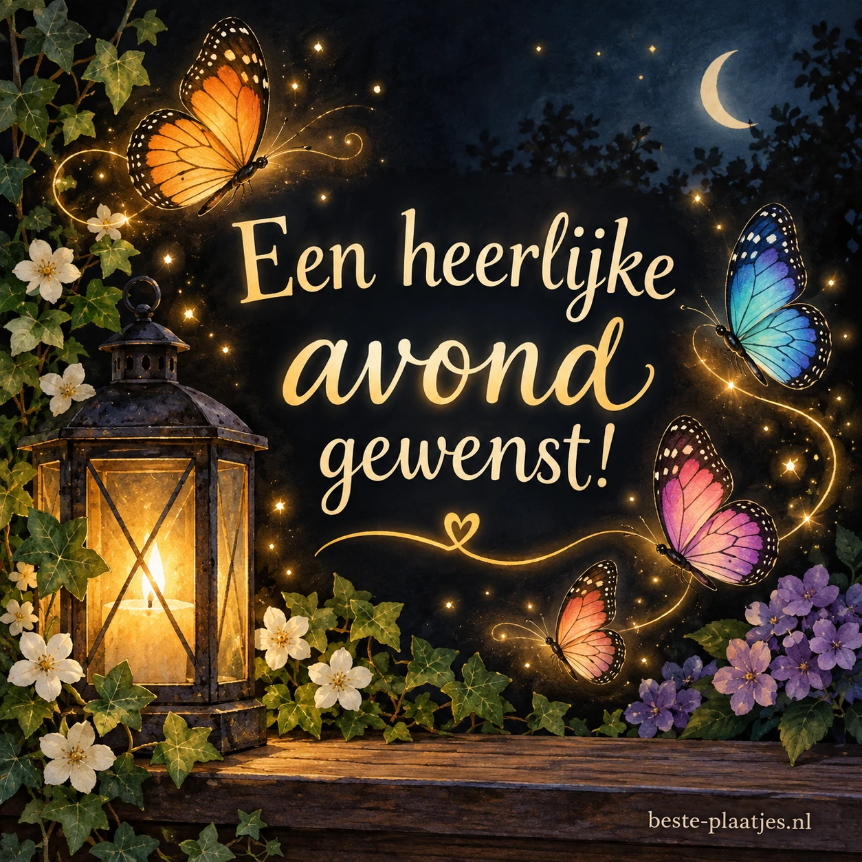 Kleurrijke lichtspiralen en vlinders stralen een warme avondstemming uit.