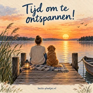 Een steiger strekt zich uit over het kalme water bij een gouden zonsondergang.