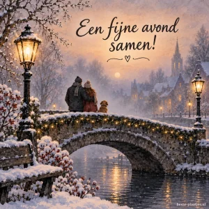 Een sfeervolle brug in de mist met lantaarns en sneeuw.