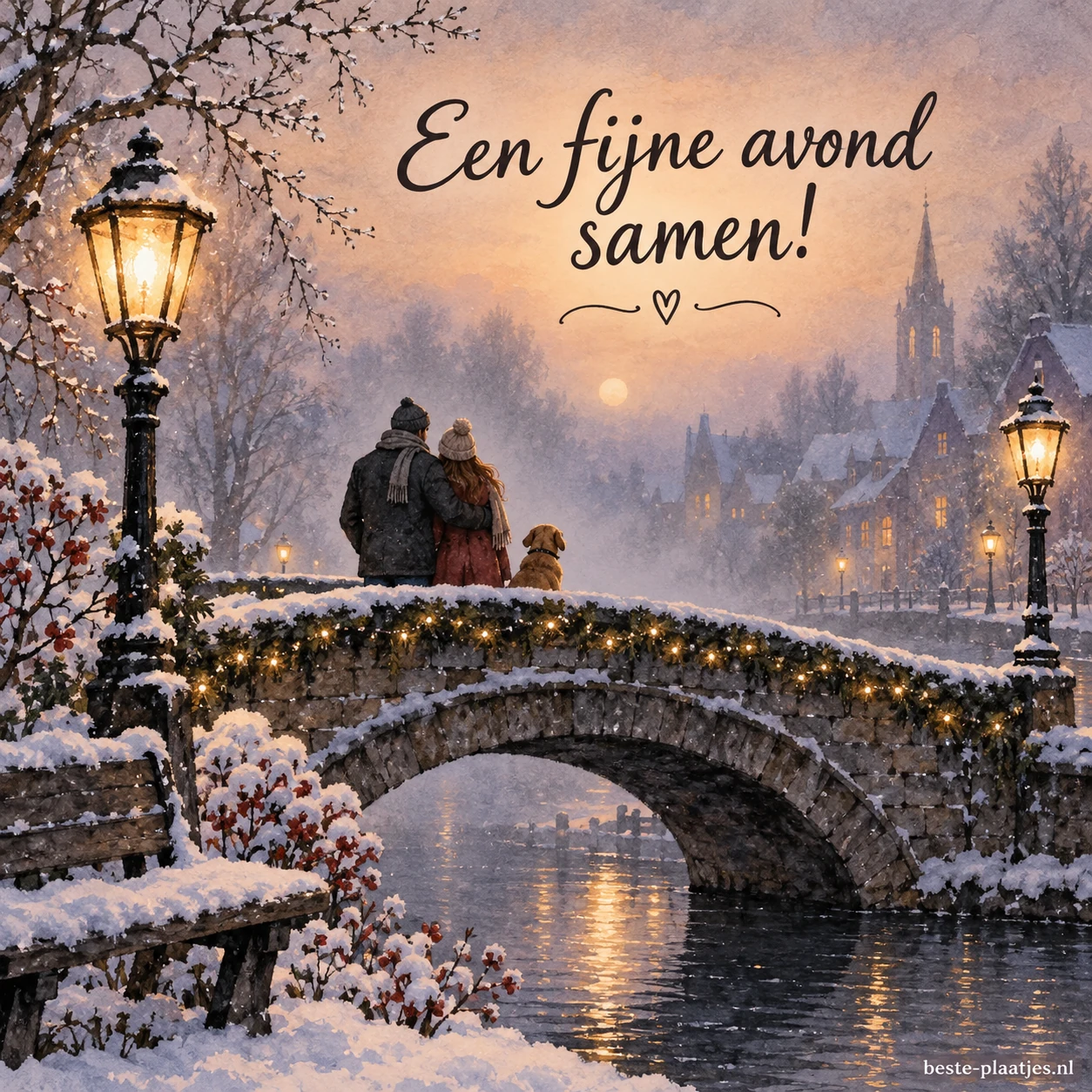 Een sfeervolle brug in de mist met lantaarns en sneeuw.