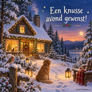 Gezellig verlicht huis in een besneeuwd bos tijdens de avonduren met kerstdecoraties.