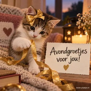 Een lief katje met een gouden strik op zijn kop speelt met een gouden lint, gezellige sfeer.