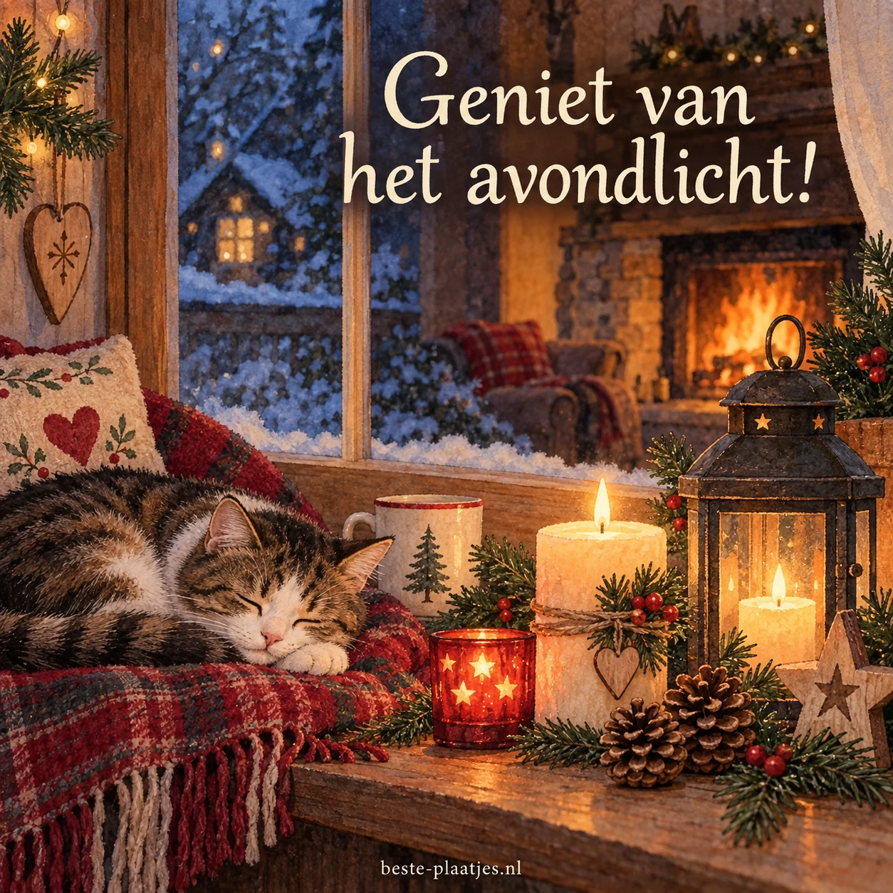 Kaarsen, dennenappels en een lantaarn staan naast een slapende kat bij een raam met uitzicht op een warme haard.