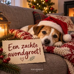 Een hondje met een kerstmuts ligt ontspannen op een bank.
