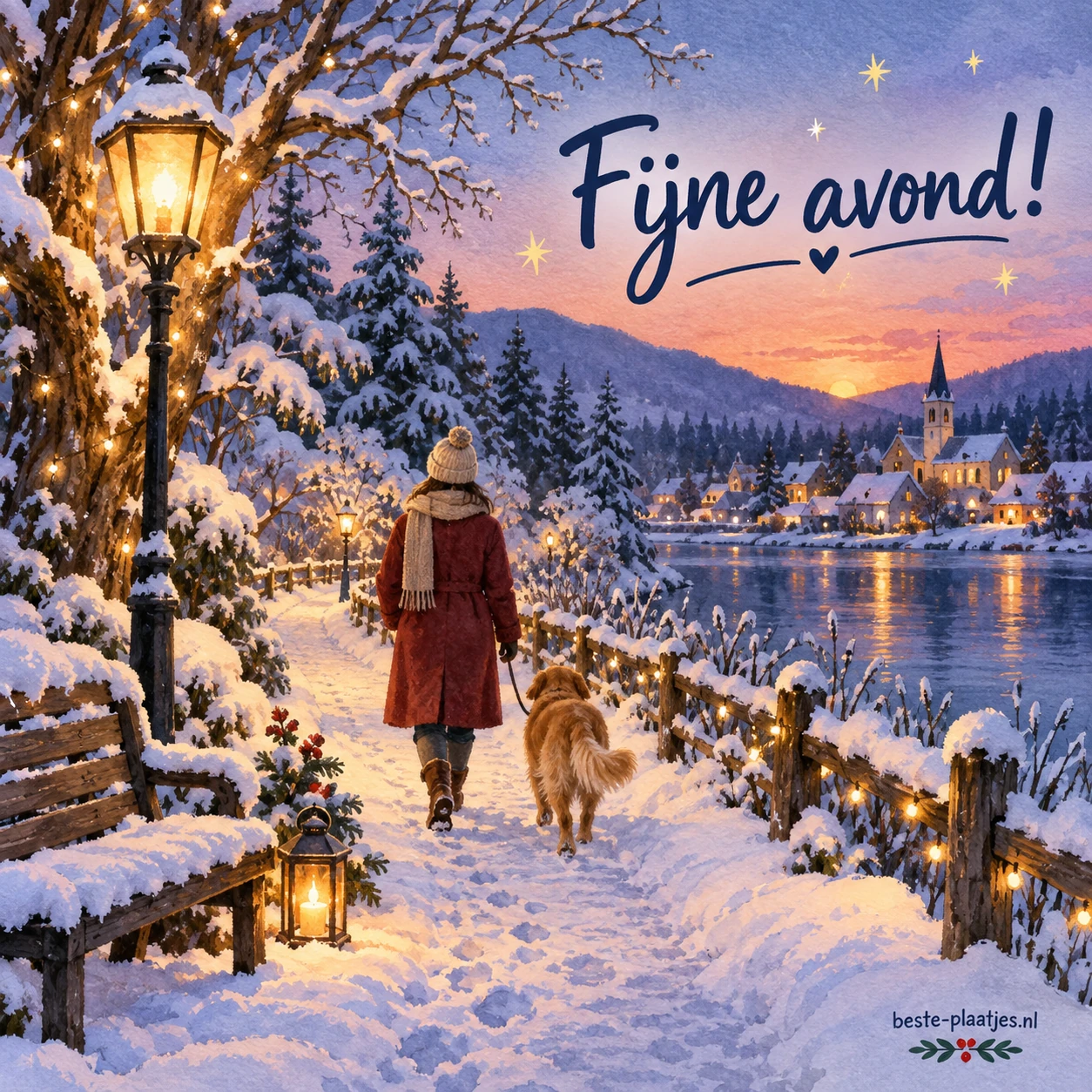 Een vrouw en haar hond wandelen langs besneeuwde bomen en warme lichtjes aan het water.