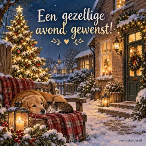 Een verlichte kerstboom staat buiten een gezellig verlicht gebouw.