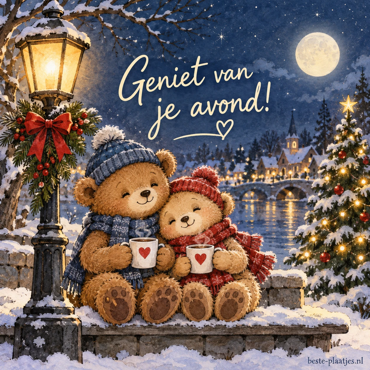 Twee schattige teddyberen in winterkleding onder een lantarenpaal met kerstboom en volle maan op de achtergrond.