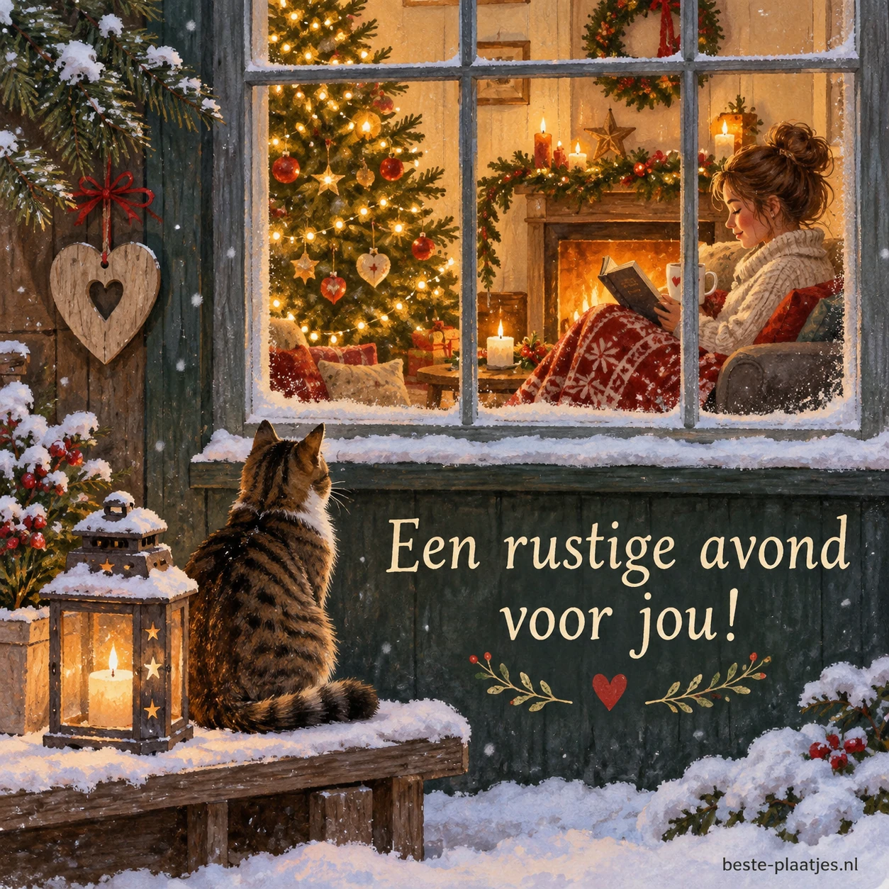 Warme en gezellige kerstsfeer binnen te zien door het raam, met een verlichte kerstboom en zachte verlichting.