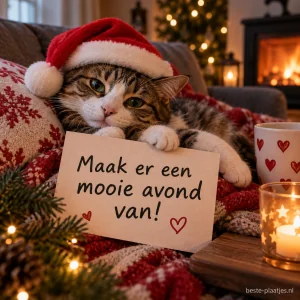 Een kat met een kerstmuts ligt op de bank achter een bord met een avondwens.