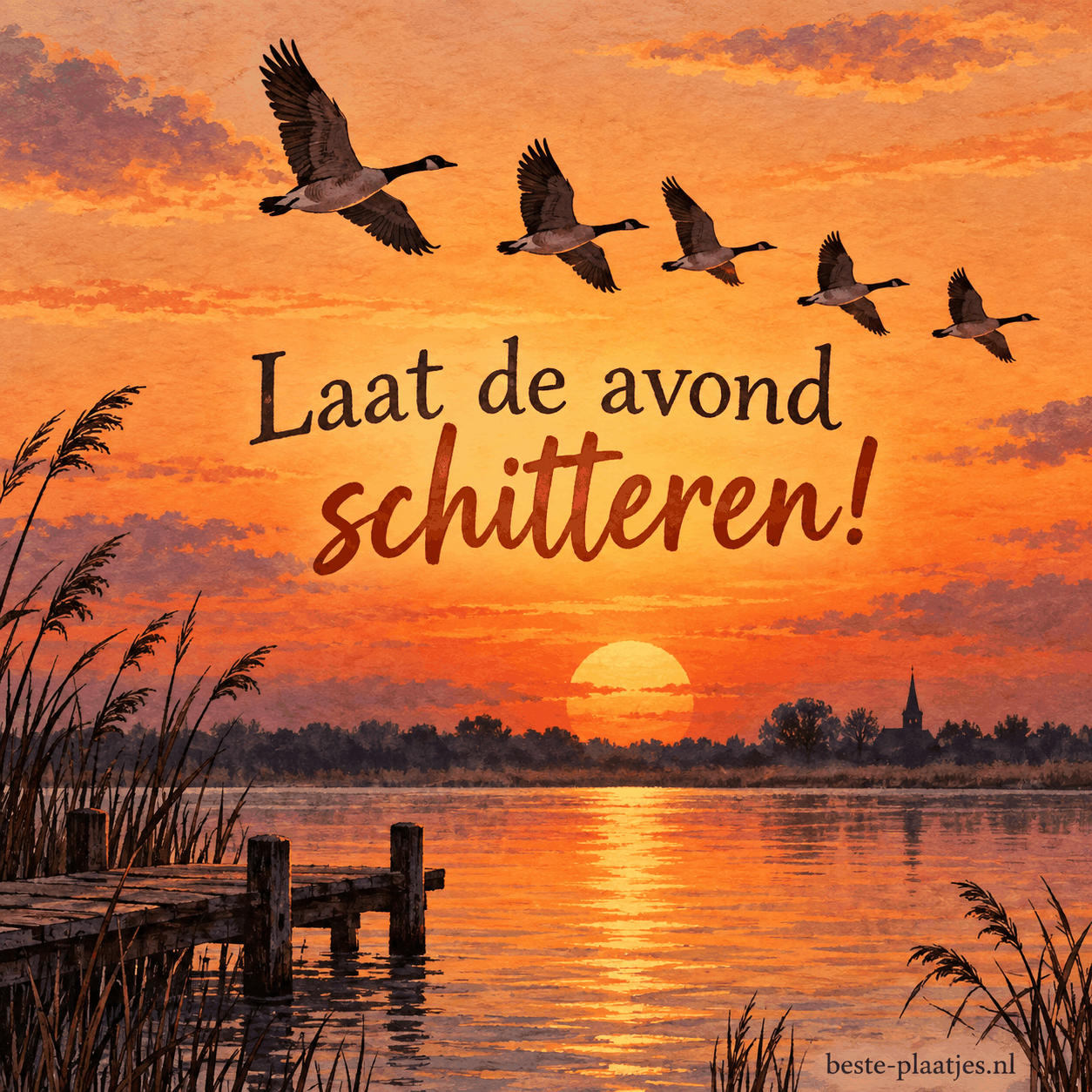 Zonsondergang met vliegende ganzen tegen een oranje lucht.