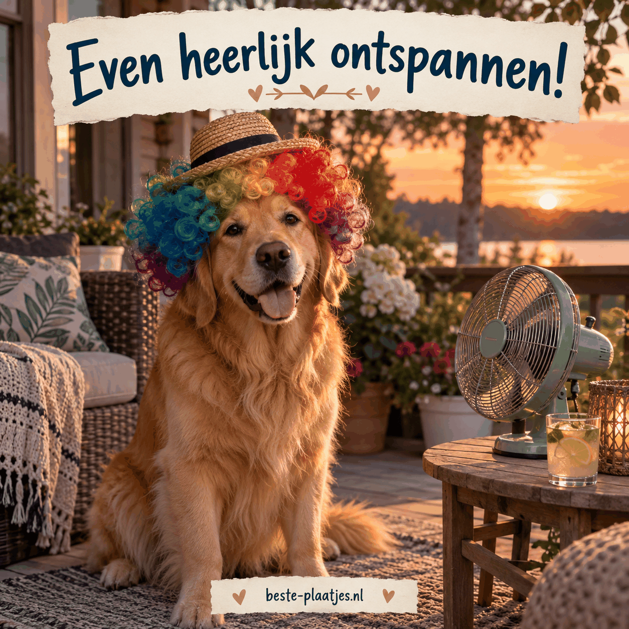 Een golden retriever met een regenboogpruik en strohoed zit naast een ventilator bij zonsondergang.