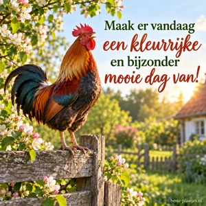 Een kleurrijke haan staat op een houten hek tussen bloeiende takken.