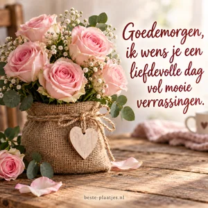 Roze rozen staan in een juten zakje met een hartje aan het touw.