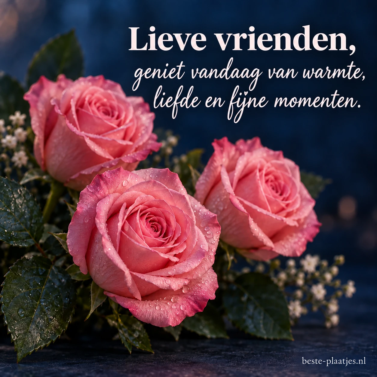 Roze rozen lichten op tegen een donkerblauwe achtergrond.