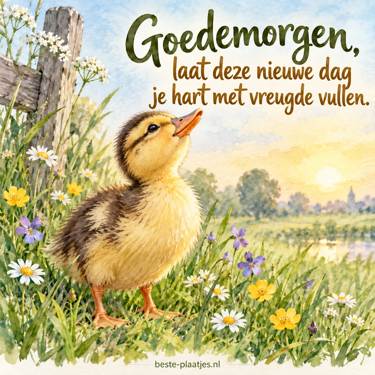Een jong eendje kijkt omhoog tussen de bloemen en het gras.