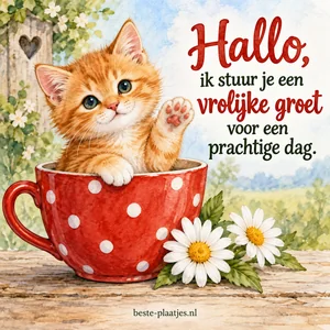 Een oranje kat steekt een pootje omhoog vanuit een rood gestippeld kopje.