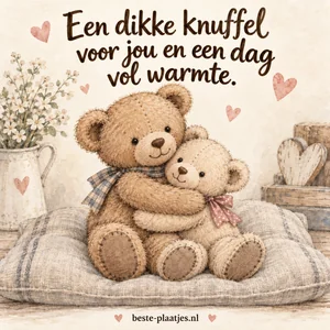 Twee zachte teddyberen geven elkaar een warme knuffel.