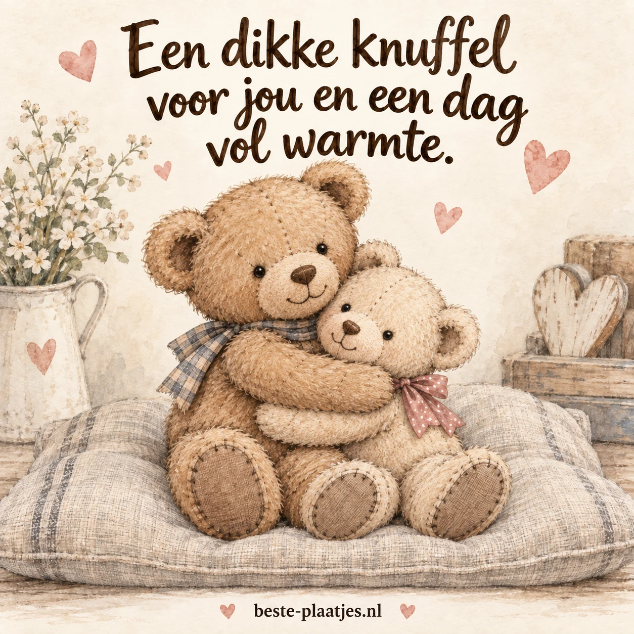 Twee zachte teddyberen geven elkaar een warme knuffel.