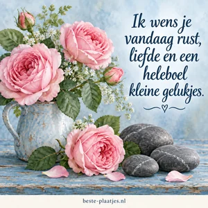Roze rozen en gladde stenen in een rustige blauwe omgeving.