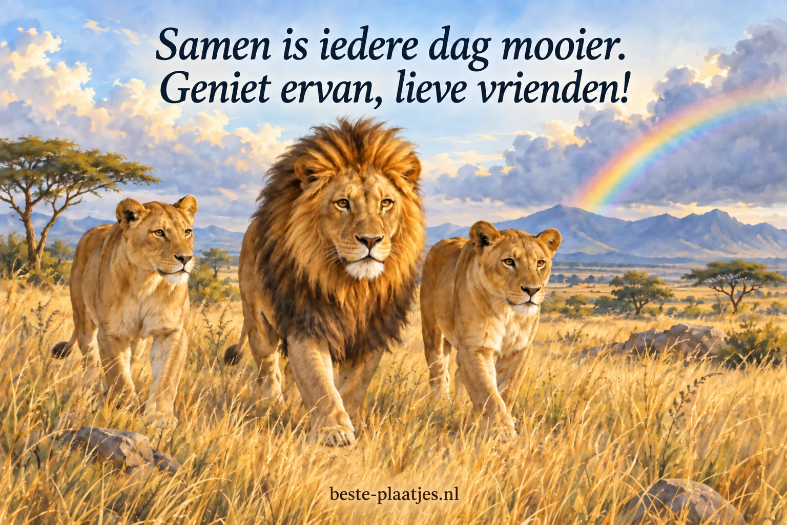 Een leeuw en twee leeuwinnen lopen door goudkleurig gras onder een regenboog.