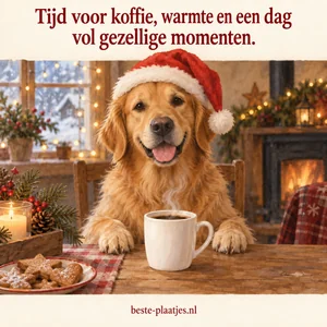 Een golden retriever met kerstmuts zit bij een kop koffie in een gezellige kamer.
