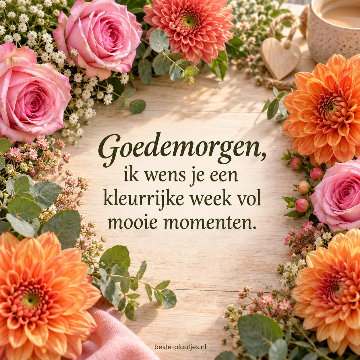 Roze rozen en oranje dahlia's omlijsten een warme bloemengroet.