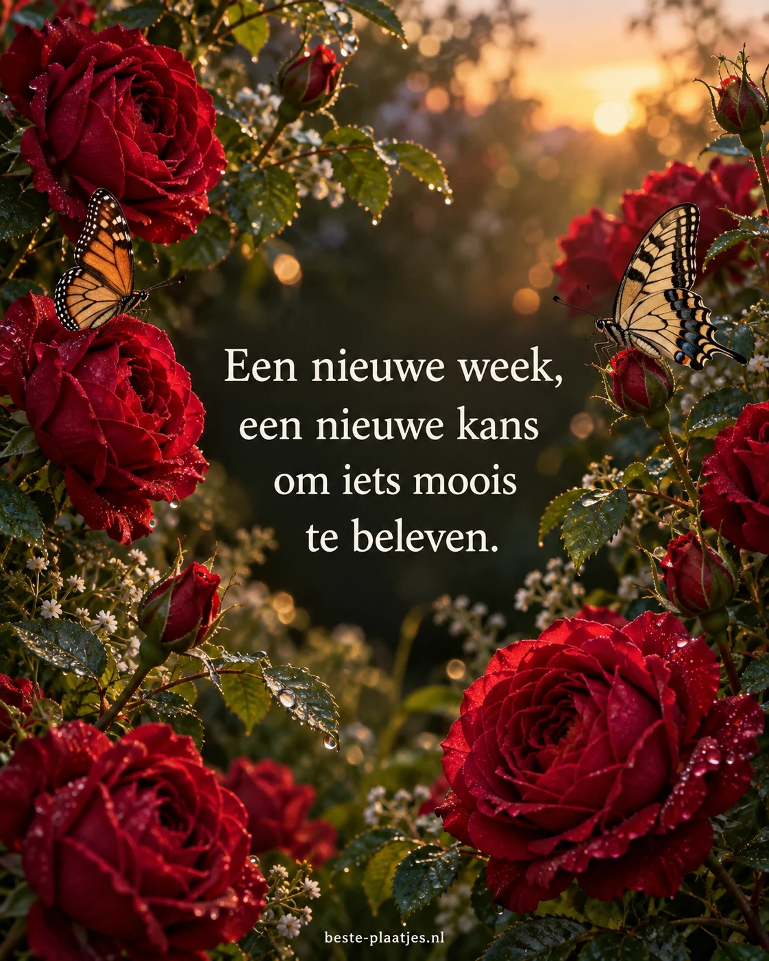 Rode rozen en twee vlinders vangen het licht van de opkomende zon.