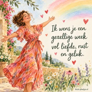 Een vrolijke vrouw staat met open armen tussen bloemen en een regenboog.