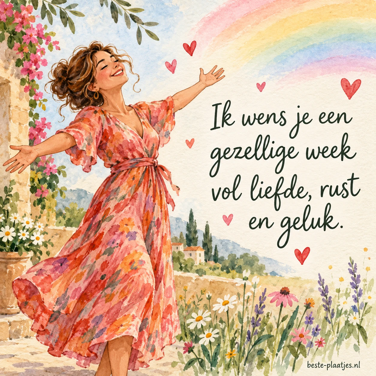 Een vrolijke vrouw staat met open armen tussen bloemen en een regenboog.